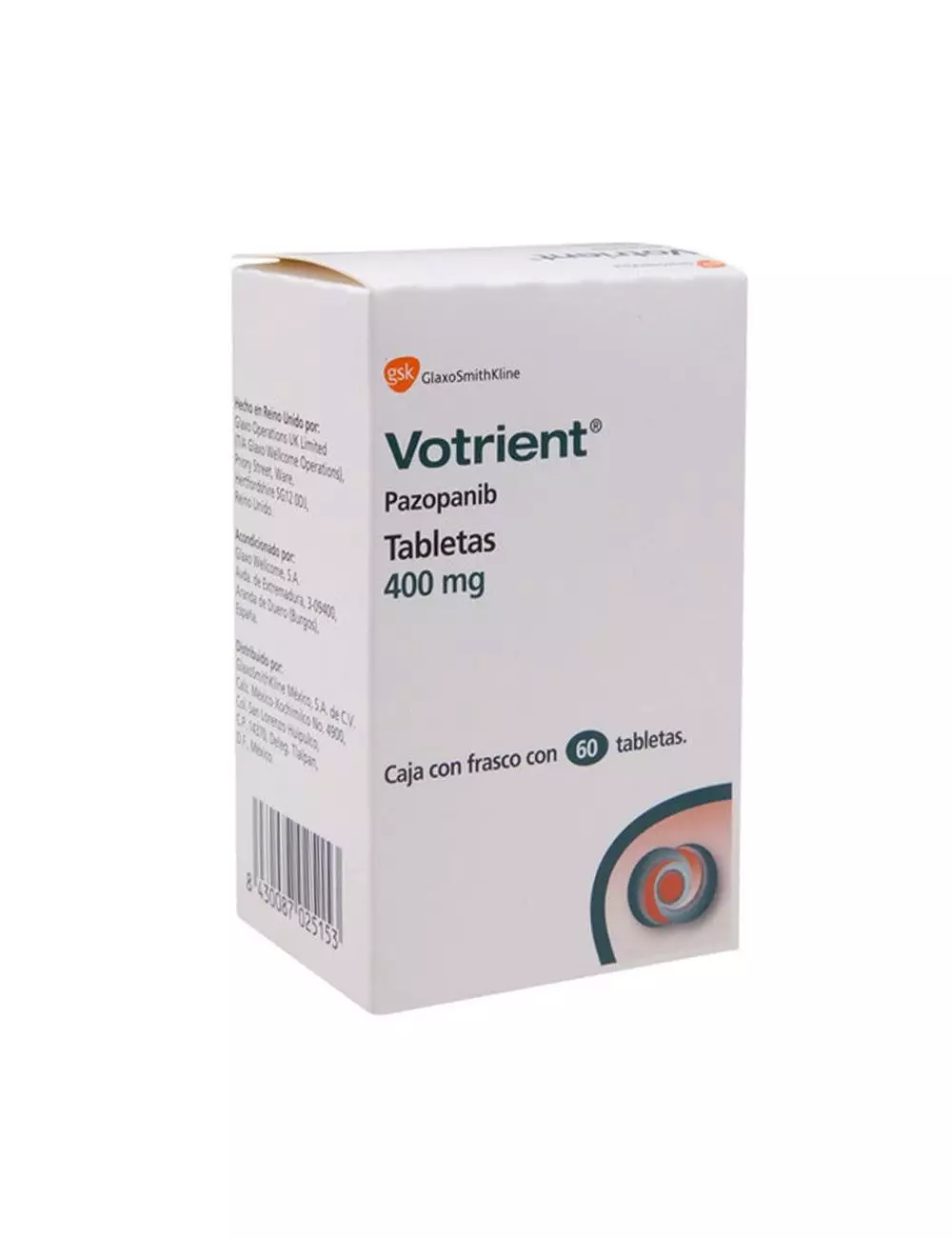 Votrient® 400 mg (Pazopanib) - Caja con 60 Tabletas - Laboratorio GlaxoSmithKline