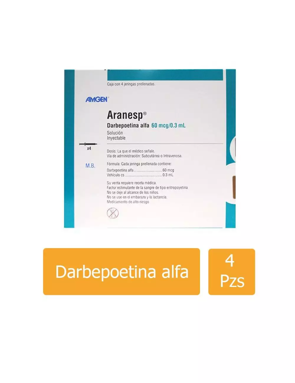 Aranesp® 60 mcg/0.3 ml (Darbepoetina Alfa) - 4 Jeringas Prellenadas - Amgen - RX3
