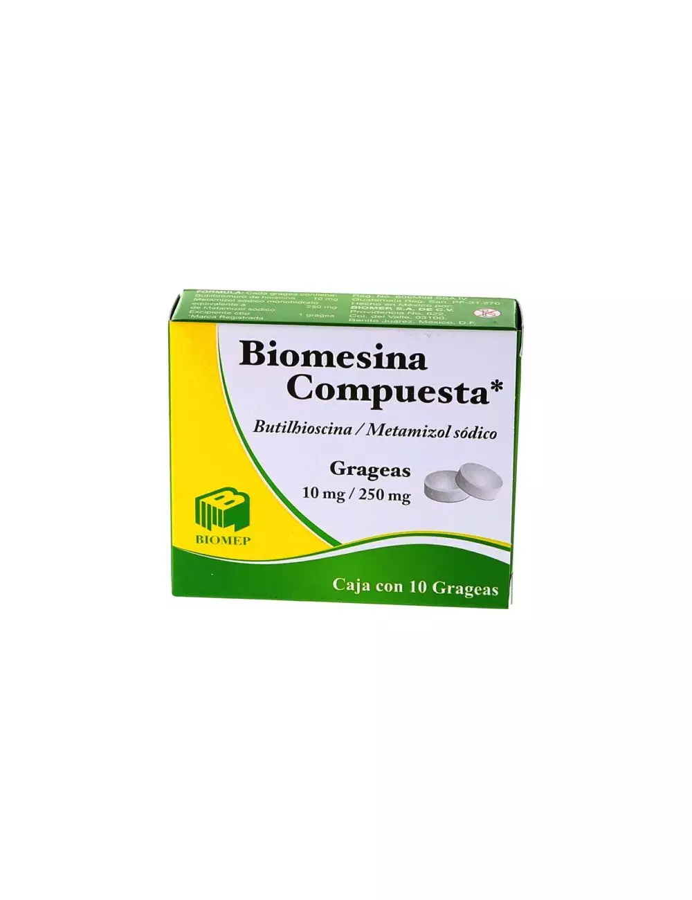 Biomesina Compuesta Butilhioscina 10 mg  / Metamizol sódico 250 mg 10 Grageas