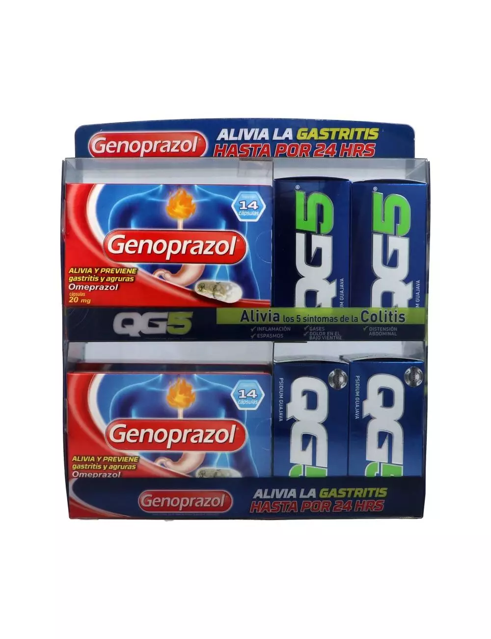 Genoprazol y QG5 20mg/166.6mg - 8 Piezas | Omeprazol/Psidium guajava | Genomma Lab