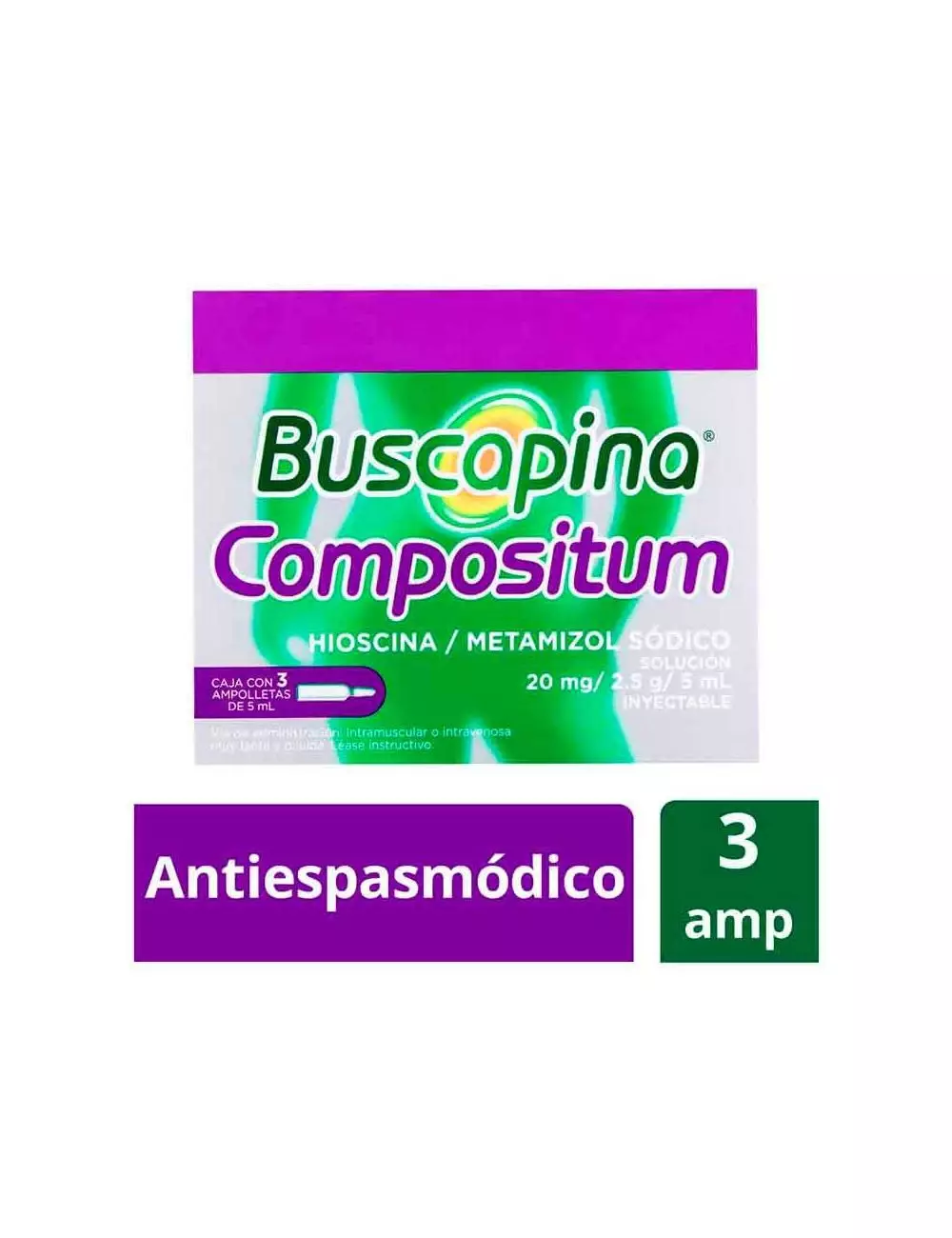 Buscapina solución 20 mg/ml inyectable, caja con 3 ampolletas de 1 ml