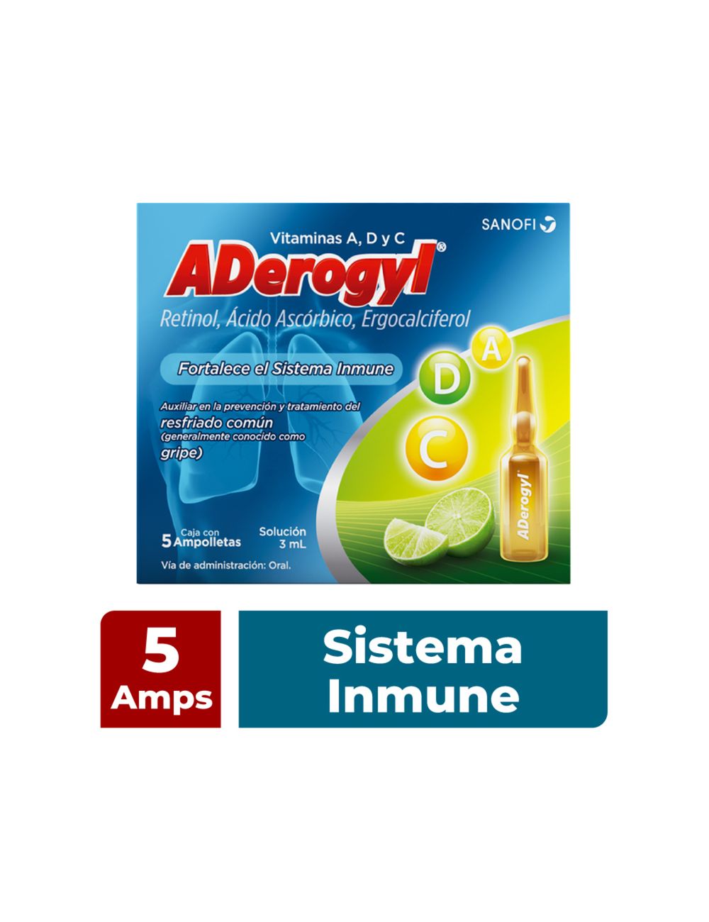 Aderogyl vitaminas A, C y D fortalece el sistema inmune, 5 ampolletas de 3 ml