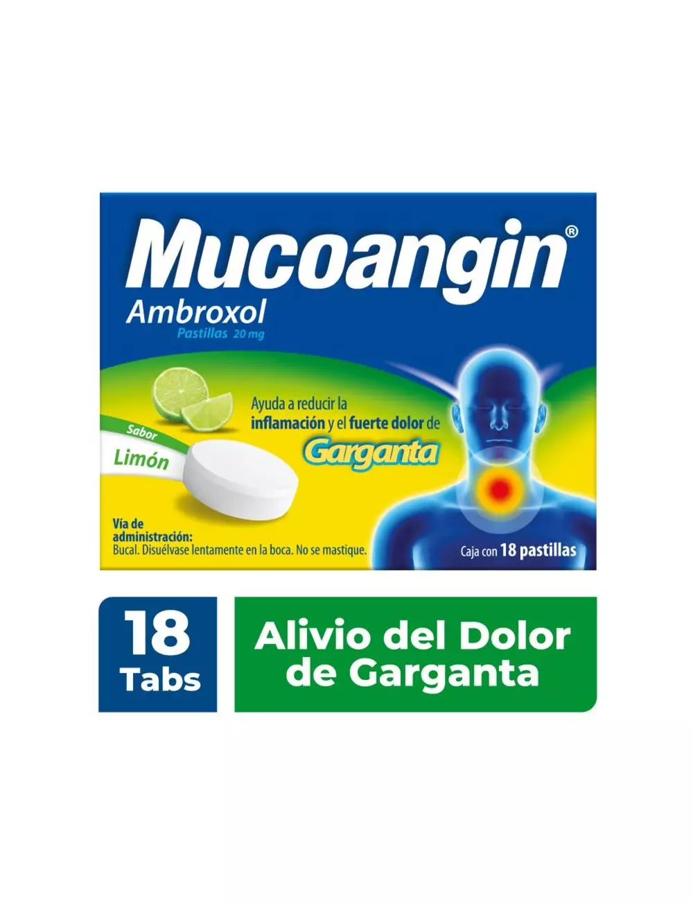 Mucoangin Auxiliar en el Alivio del Dolor de Garganta Limón 18 Pastillas de 20 mg