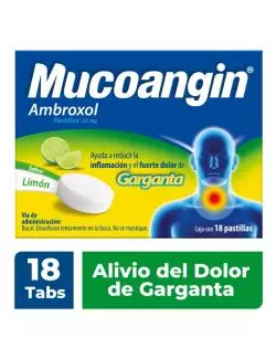 Mucoangin alivia dolor de garganta. Ambroxol Limón 18 pastillas 20 mg