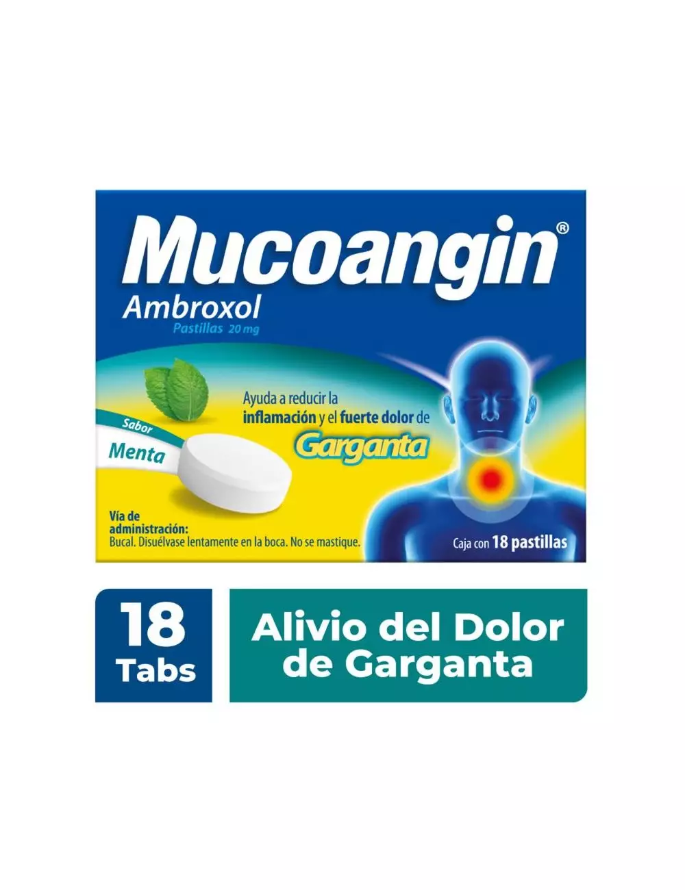 Mucoangin alivia dolor de garganta. Ambroxol menta 18 pastillas 20 mg