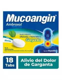 Mucoangin alivia dolor de garganta. Ambroxol menta 18 pastillas 20 mg