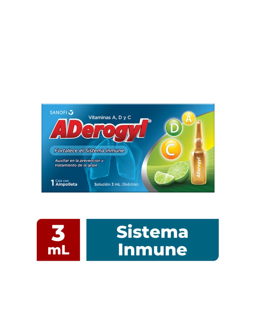 Aderogyl vitaminas A, C y D fortalece el sistema inmune, 1 Ampolla de 3 ml.