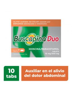 Buscapina Duo alivia dolor de panza. Hioscina 10 mg / Paracetamol 500 mg, 10 tabletas