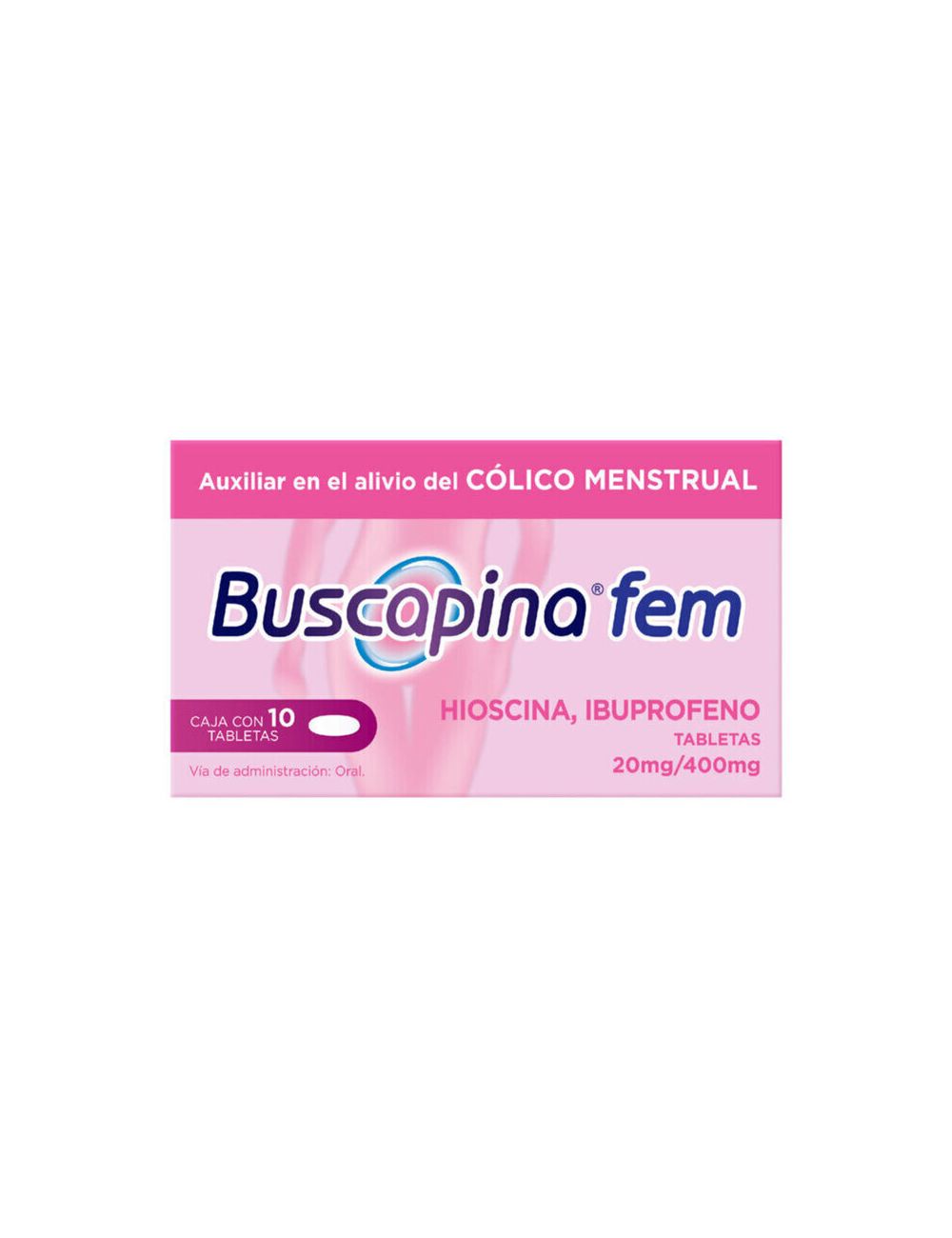 Buscapina Fem alivia los cólicos menstruales Hioscina 20 mg / Ibuprofeno 400 mg, 10 tabletas