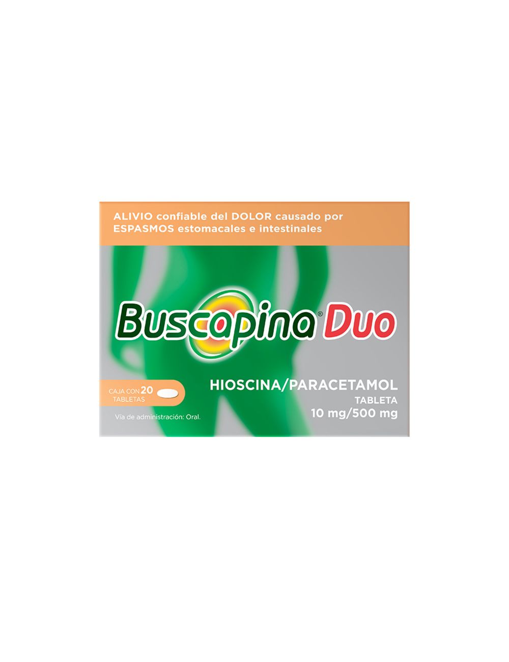 Buscapina Duo alivia dolor de panza. Hioscina 10 mg / Paracetamol 500 mg, 20 tabletas
