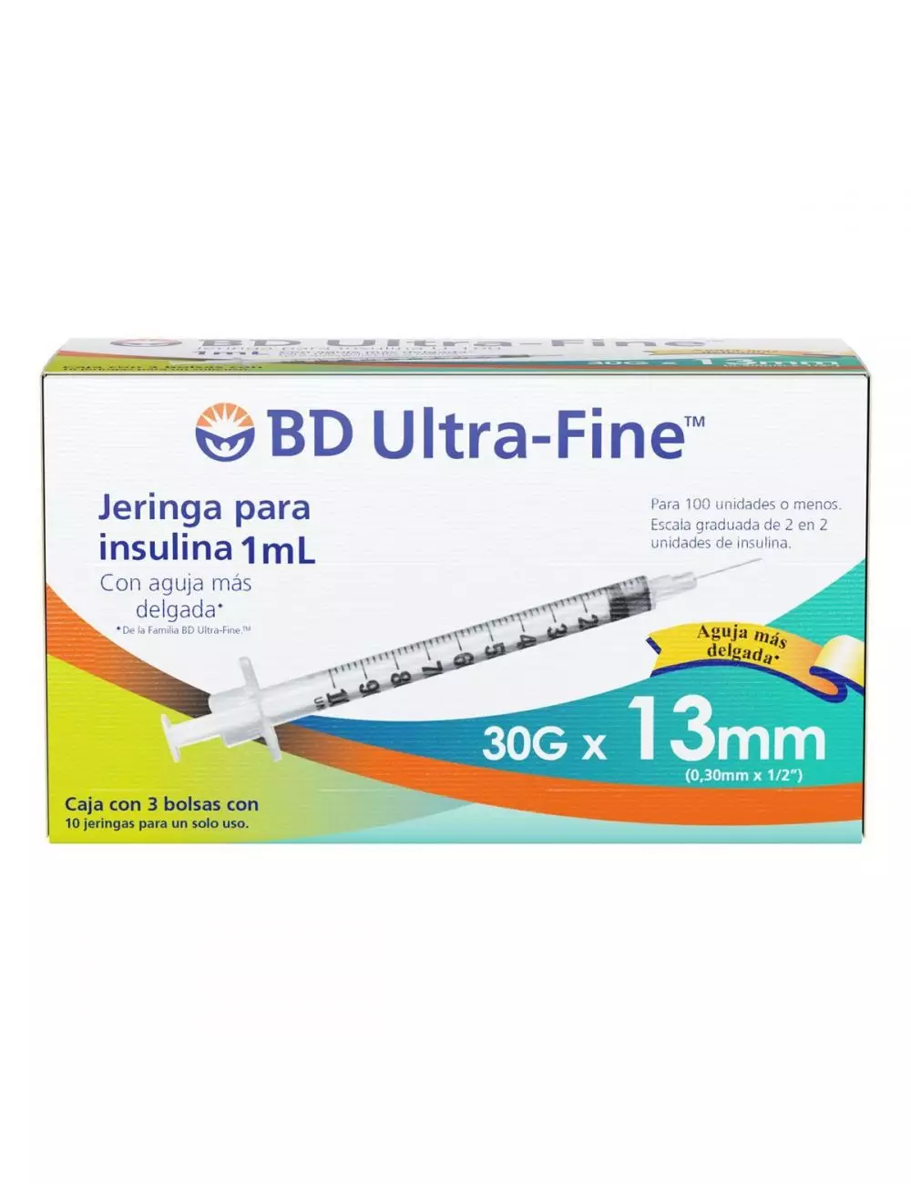 BD UltraFine Jeringa Para Insulina 1mL 30Gx13mm Caja Con 3 bolsas de 10 piezas cada una