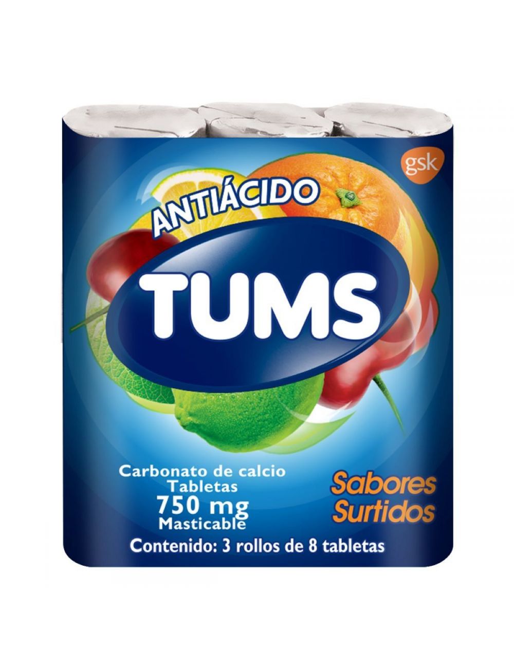 Tums Extra 750 mg Empaque Con 3 Rollos De 8 Tabletas Masticables