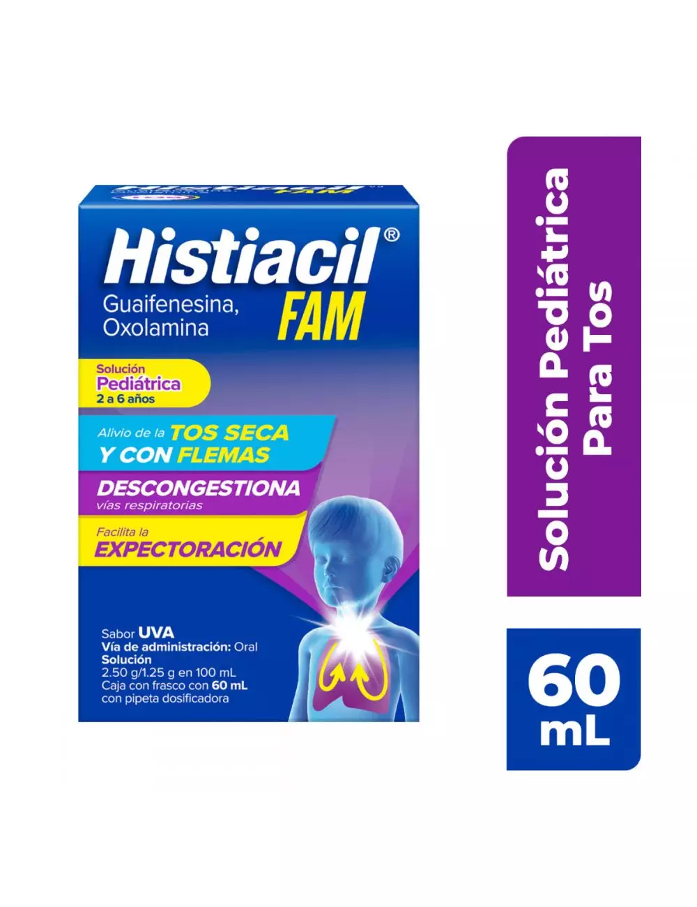Histiacil FAM Solución Pediátrica para el Alivio de la Tos Sabor Uva 60 ml. Acción 3 en 1