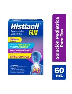 Histiacil FAM Solución Pediátrica para el Alivio de la Tos Sabor Uva 60 ml. Acción 3 en 1