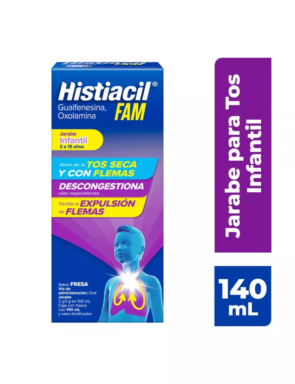 Histiacil FAM Jarabe para la Tos Infantil Sabor Fresa 140 ml. Fórmula con Acción 3 en 1
