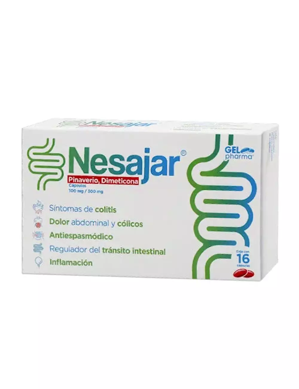 Nesajar® 100 mg / 300 mg - 16 Cápsulas | Pinaverio + Dimeticona | Laboratorio Gel Pharma