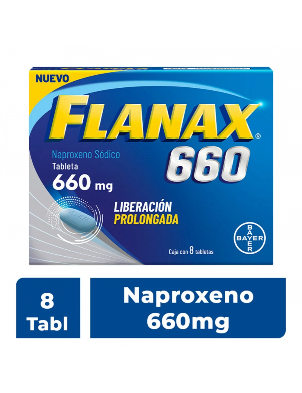 Flanax® 660 mg - 8 Tabletas LP | Naproxeno Sódico | Laboratorio Bayer