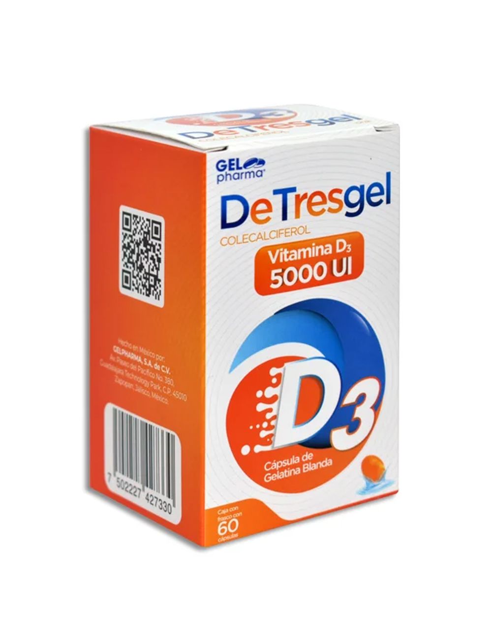 DeTresgel 5000 UI - 60 Cápsulas | Colecalciferol / Vitamina D3| Gel Pharma