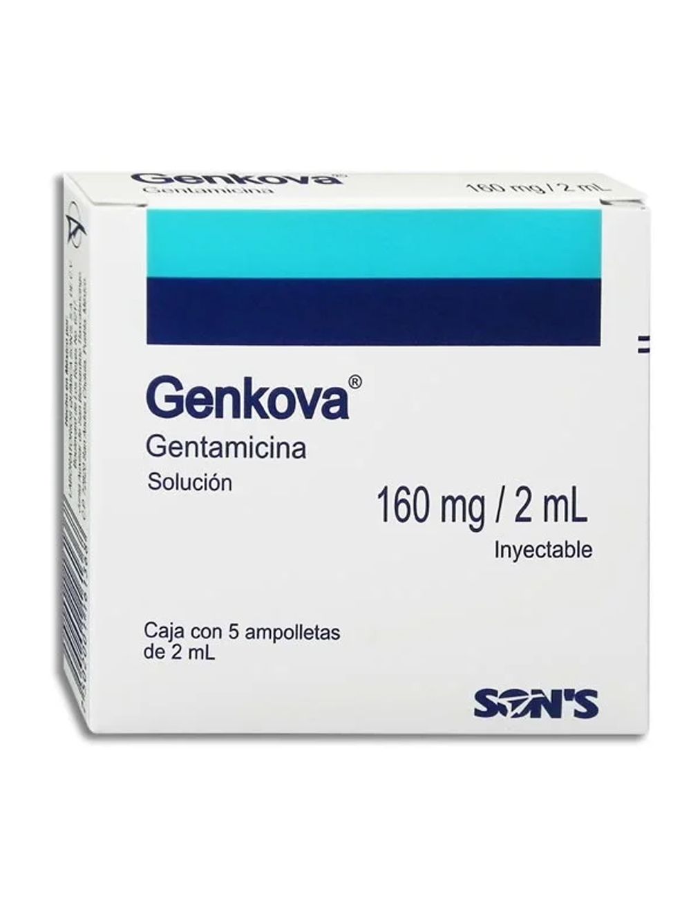 Genkova® Solución (160 mg/2 ml) - 5 Ampolletas | Gentamicina | Sons