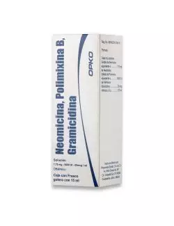 Neomicina/Polimixina B/Gramicidina Solución 1.75mg/5000UI/25mcg/ml - Frasco 15ml | Oftálmico | Opko