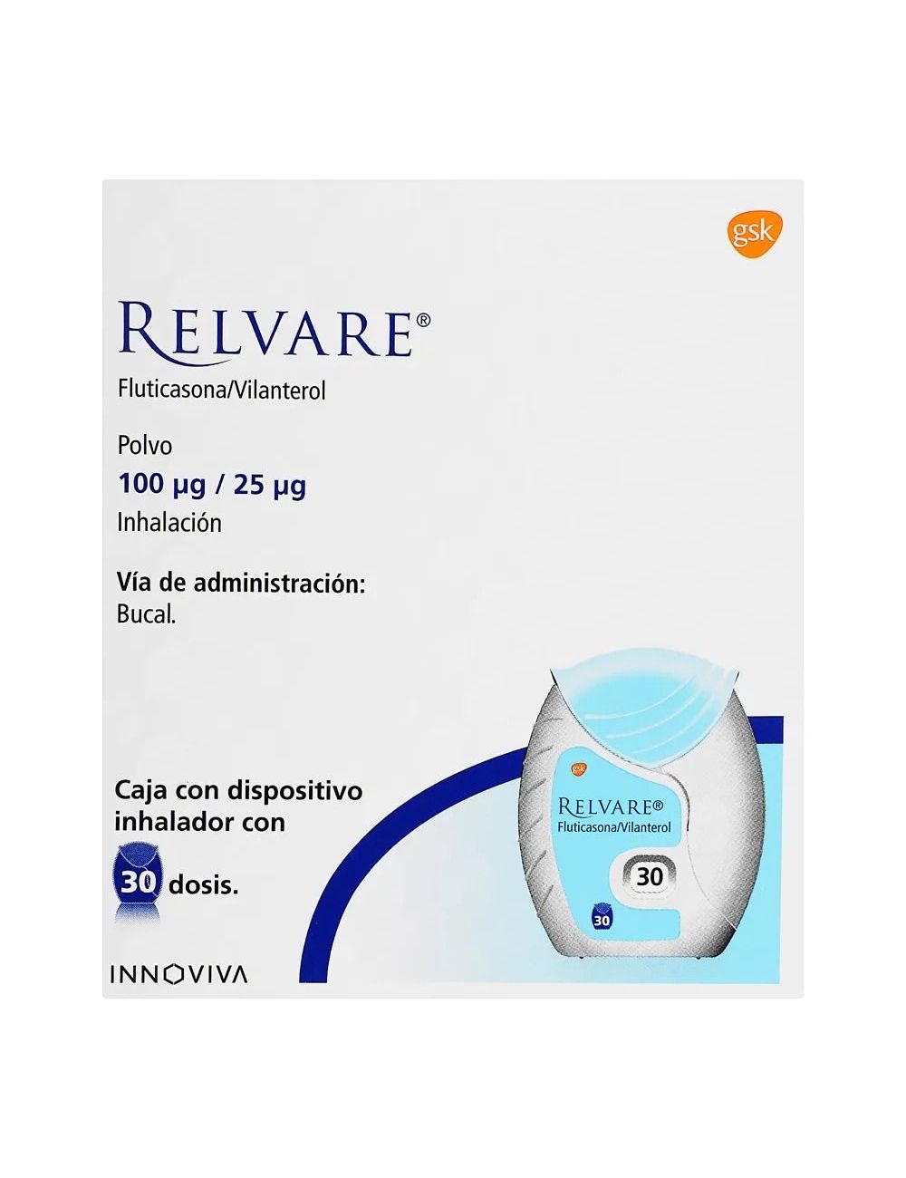Relvare 100 mcg / 25 mcg Caja Con Dispositivo Inhalador Con 30 Dosis Relvare 100 mcg / 25 mcg Caja Con Dispositivo Inhalador Con 30 Dosis