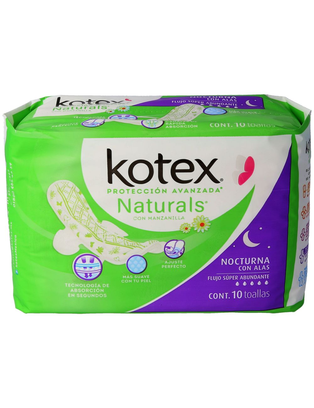 Toallas Sanitarias Kotex Naturals Nocturna Empaque Con 10 piezas