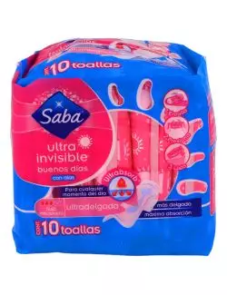 Toallas Sanitarias Saba Ultra Invisible Con Alas Empaque Con 10 Piezas