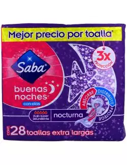 Toallas Sanitarias Saba Buenas Noches Con Alas Paquete Con 28 Piezas