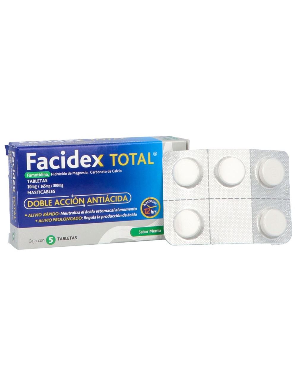 Facidex Total 10 mg/165 mg/800 mg Sabor Menta Caja Con 5 Tabletas Masticables Facidex Total 10 mg/165 mg/800 mg Sabor Menta Caja Con 5 Tabletas Masticables