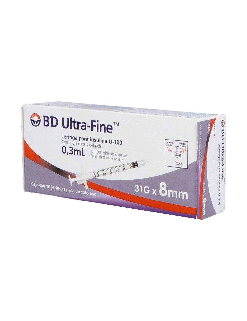 BD Ultra Fine Jeringa Para Insulina 0.3mL 31Gx8mm Caja Con 10 Piezas BD Ultra Fine Jeringa Para Insulina 0.3mL 31Gx8mm Caja Con 10 Piezas