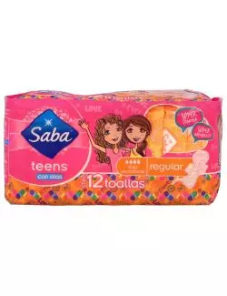 Saba Teens Toallas Sanitarias Regular Con Alas Paquete Con 12 Toallas