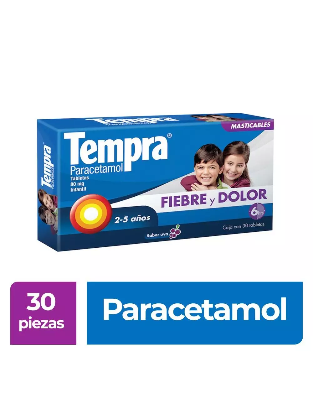 Tempra Infantil 80 mg 30 Tabletas Sabor Uva