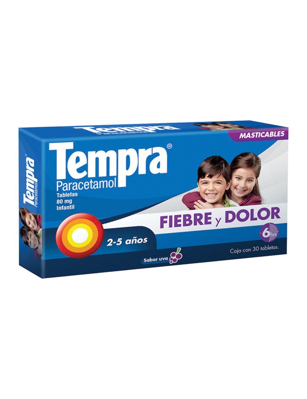 Tempra Masticable 80 mg Caja Con 30 Tabletas Sabor Uva Tempra Masticable 80 mg Caja Con 30 Tabletas Sabor Uva
