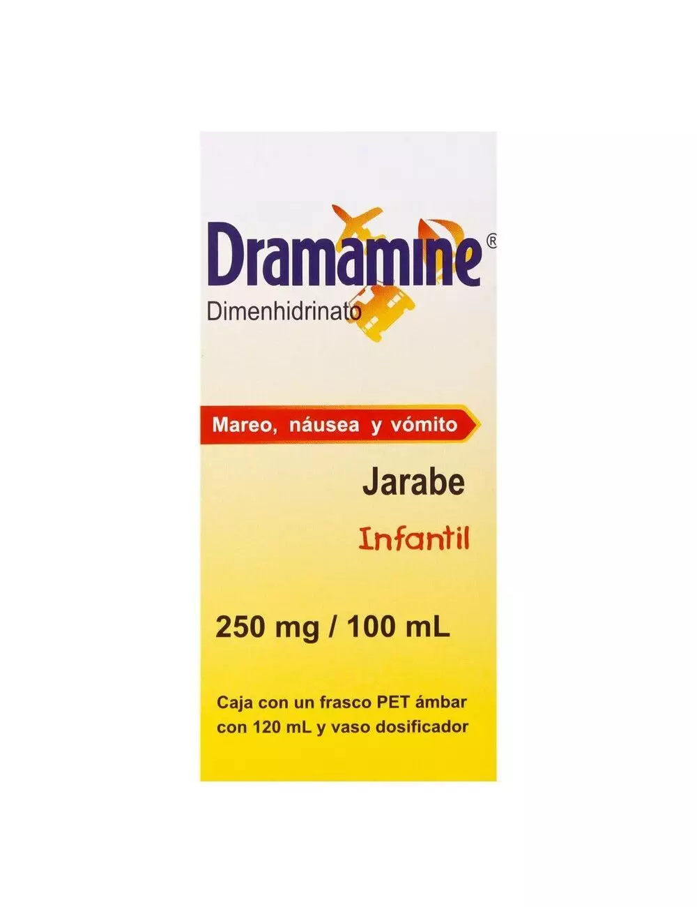 Dramamine Jarabe Infantil 250mg/100mL Caja Con Frasco Con 120mL Y Dosificador