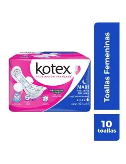 KOTEX MAXI PARA EL DÍA Y LA NOCHE PAQUETE CON 10 TOALLAS FEMENINAS