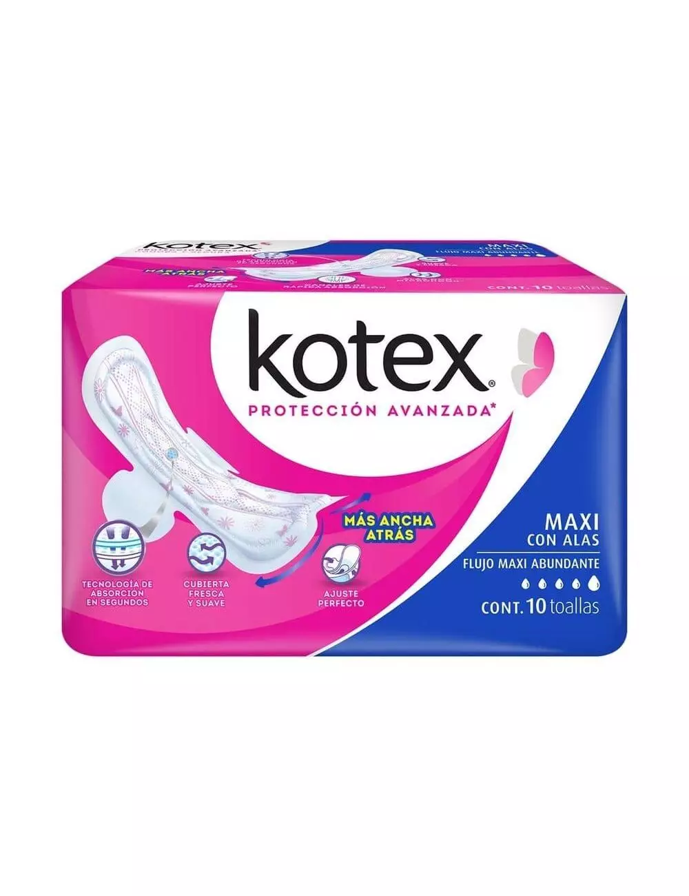 KOTEX MAXI PARA EL DÍA Y LA NOCHE PAQUETE CON 10 TOALLAS FEMENINAS