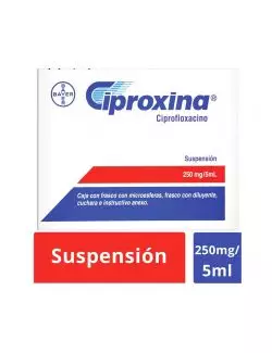 Ciproxina® 250 ml/5ml (Ciprofloxacino) - Frasco con Microesferas, Diluyente y Cuchara - Bayer RX2