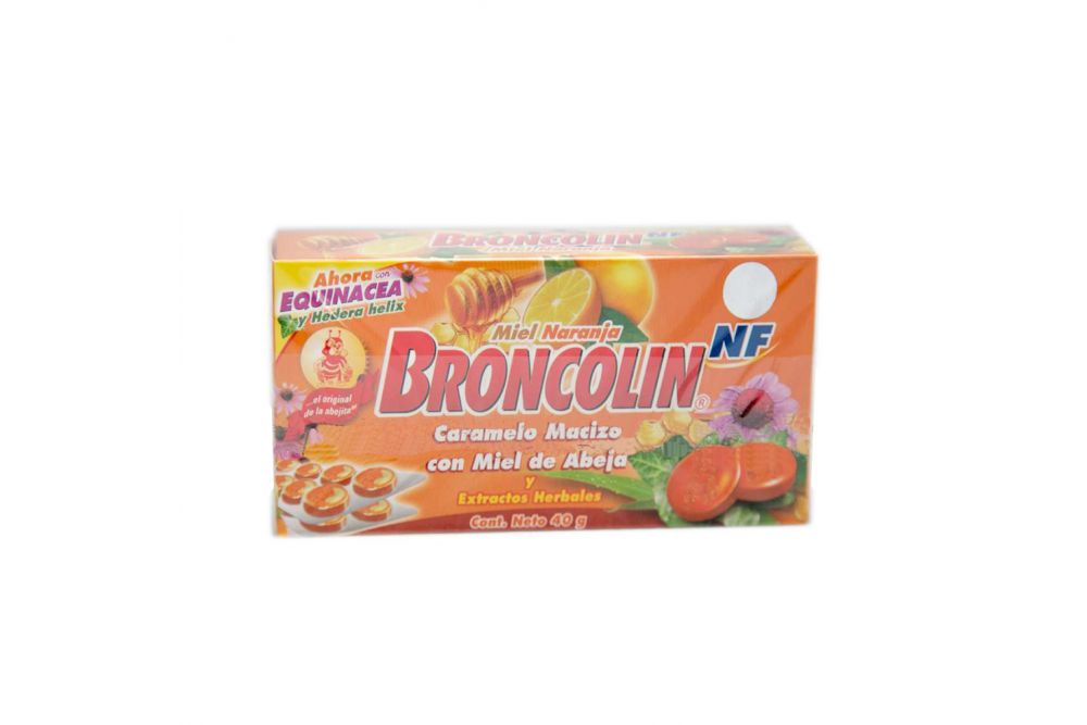 Broncolin NF Caramelo Macizo Con Miel De Abeja Sabor Miel-Naranja Caja Con 40g