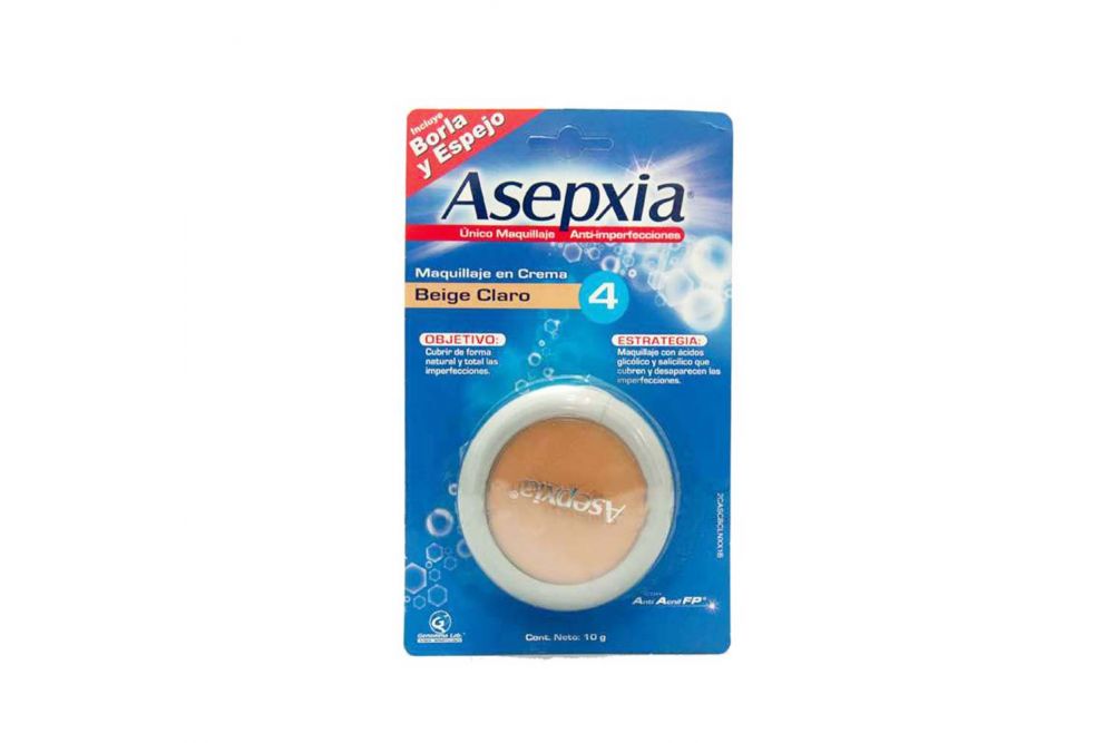 Asepxia Maquillaje En Crema Empaque Con 1 Polvera Color Beige Claro Con 10 g