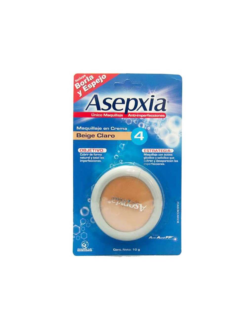 Asepxia Maquillaje En Crema Empaque Con 1 Polvera Color Beige Claro Con 10 g