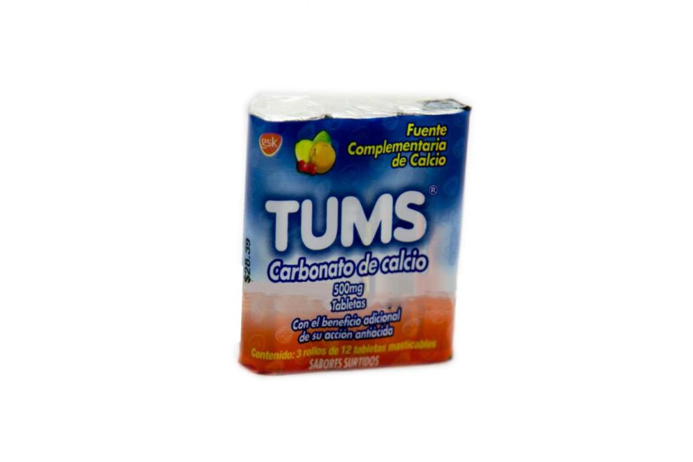 Tums 500 mg Empaque Con 3 Rollos De 12 Tabletas Masticables Varios Sabores