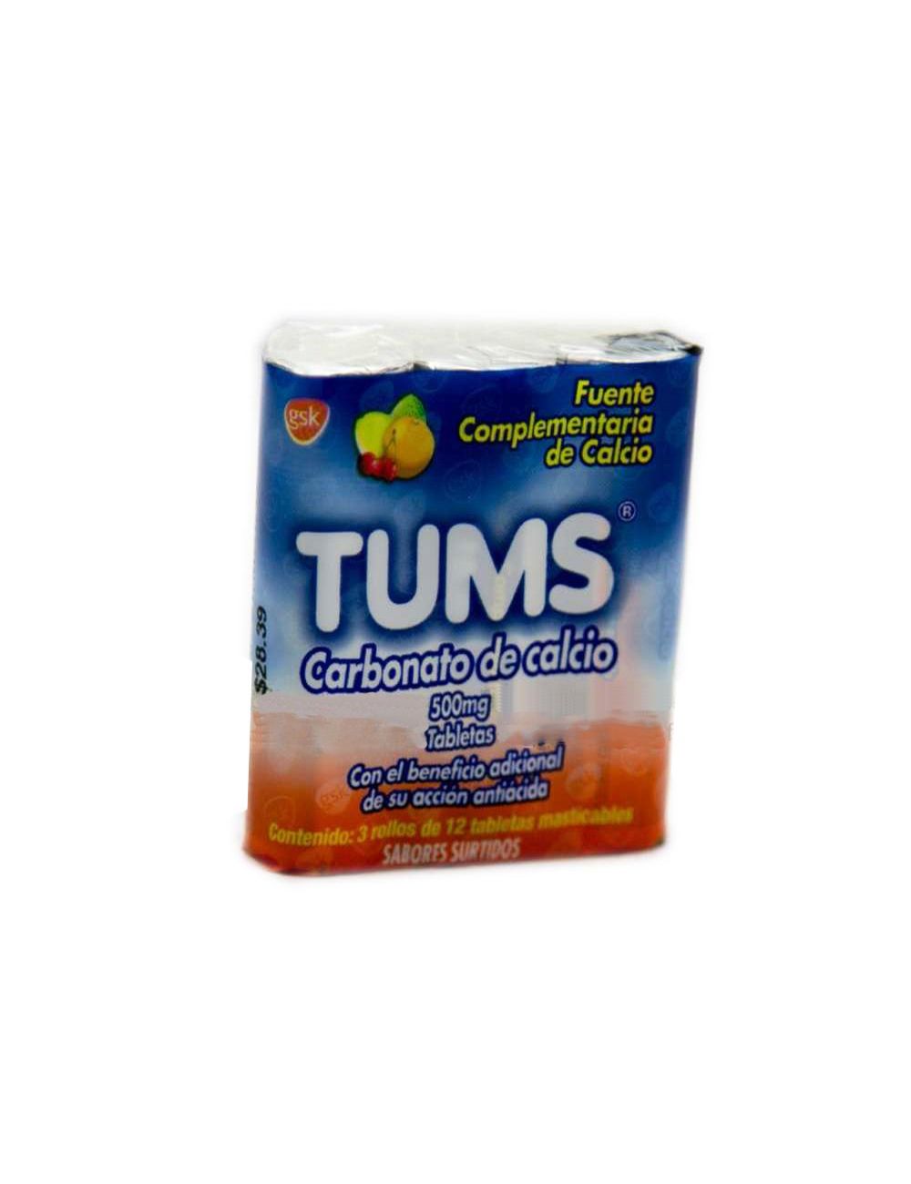 Tums 500 mg Empaque Con 3 Rollos De 12 Tabletas Masticables Varios Sabores