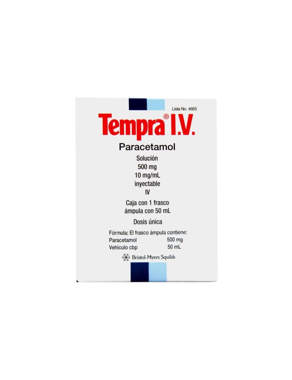 Tempra IV Solución 500 mg Caja Con 1 Frasco Ámpula Con 50 mL