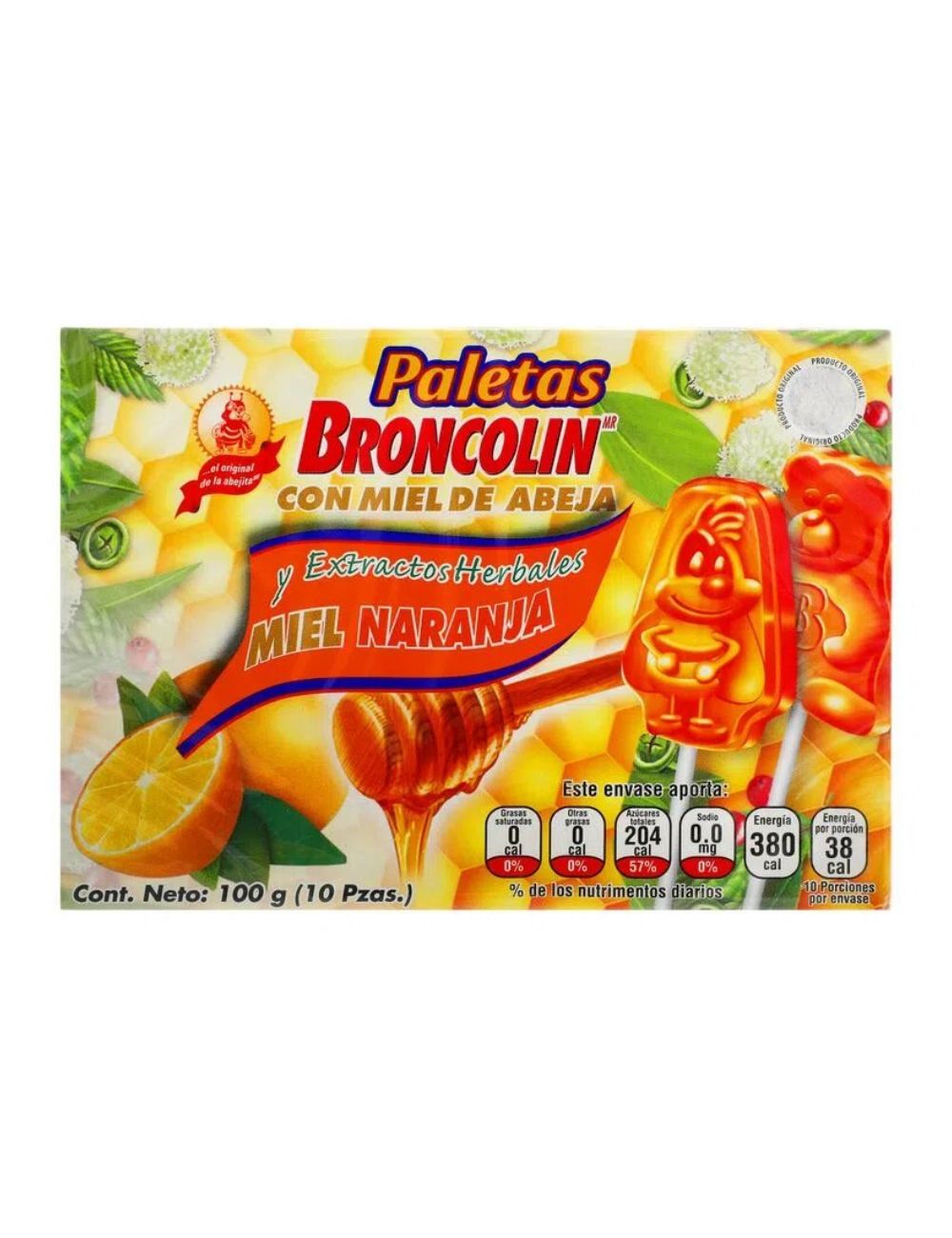 Broncolin Paletas 100 g Sabor Naranja-Miel Caja Con 10 Piezas