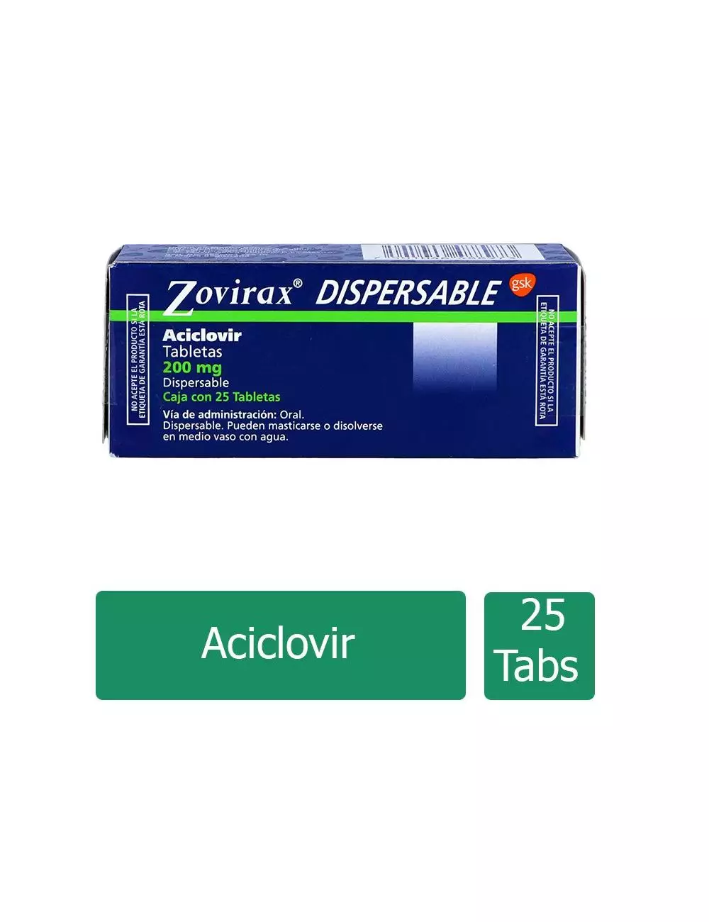 Zovirax® Dispersable 200 mg - Caja con 25 Tabletas | Aciclovir | Laboratorio GSK