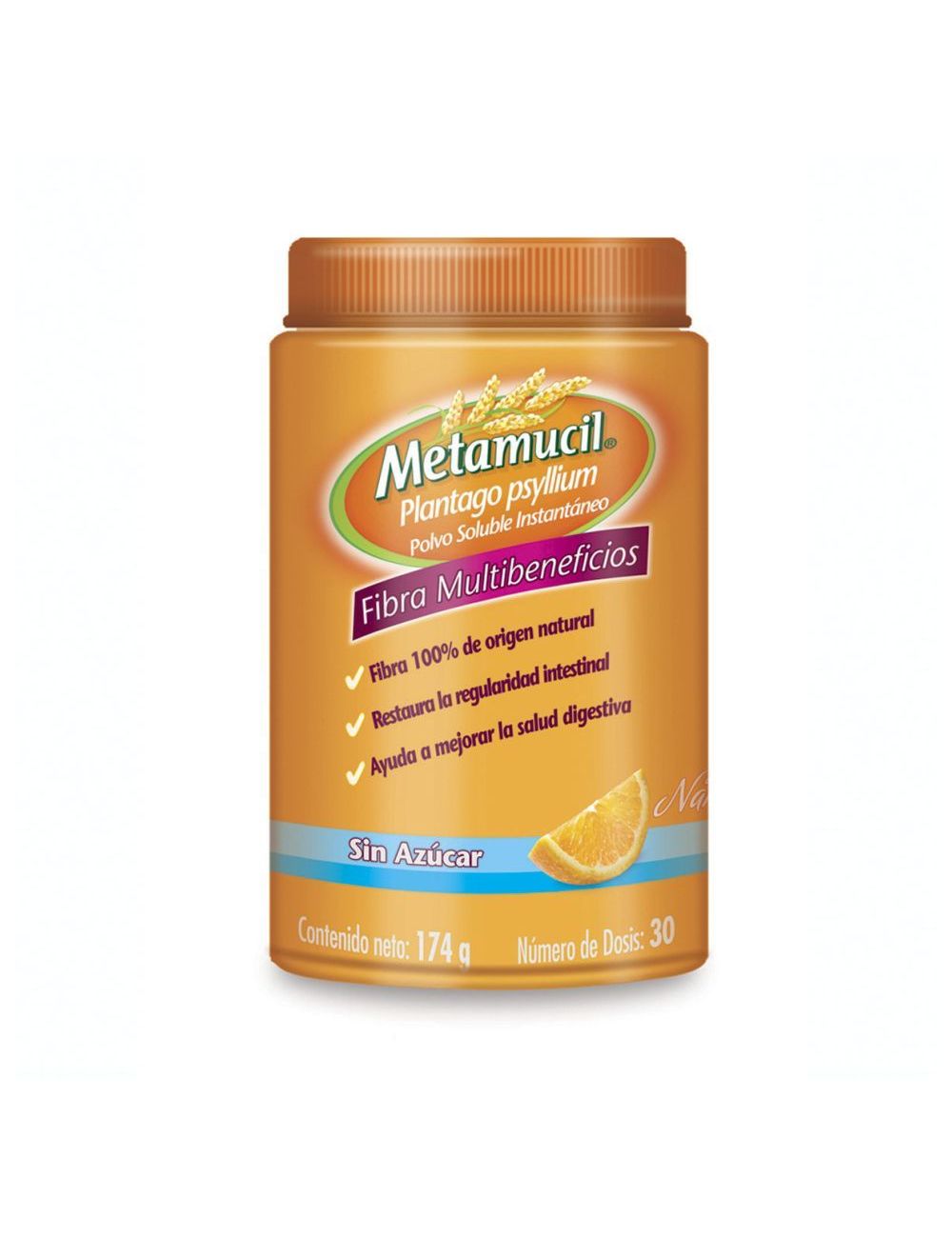 Metamucil Polvo Soluble Instantáneo Sin Azúcar Tarro Con 174 g Sabor Naranja