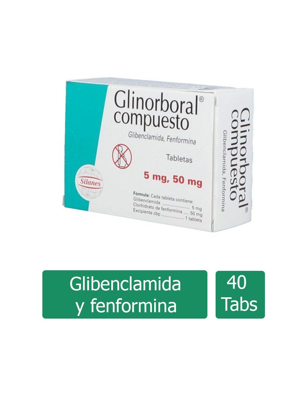 Glinorboral Compuesto® 5mg/50mg (Glibenclamida + Fenformina) - 40 Tabletas - Silanes