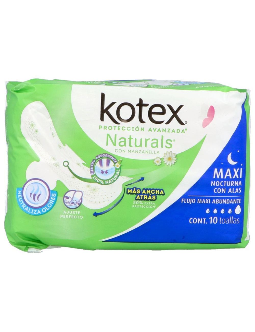 KOTEX MAXI MANZANILLA PAQUETE CON 10 TOALLAS FEMENINAS CON ALAS