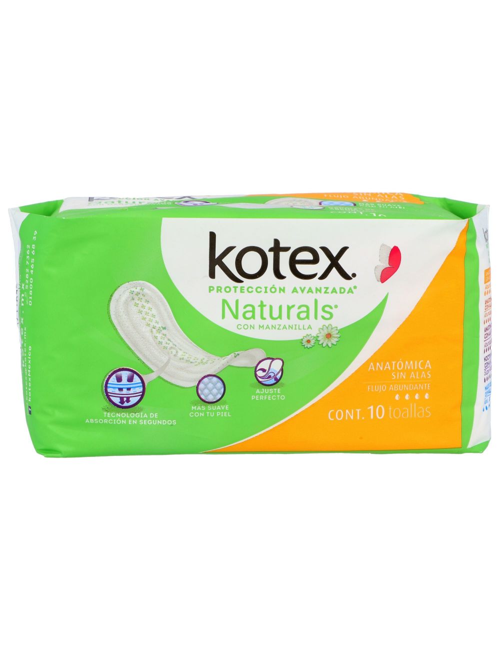 Kotex Natural Manzanilla Paquete Con 10 Toallas Femeninas Anatómicas Sin Alas