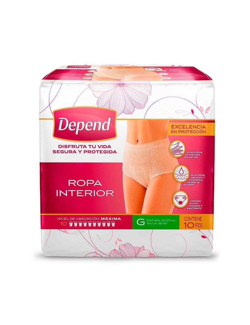 Ropa Interior Depend Mujer Talla Grande 44-54 Bolsa Con 10 Piezas